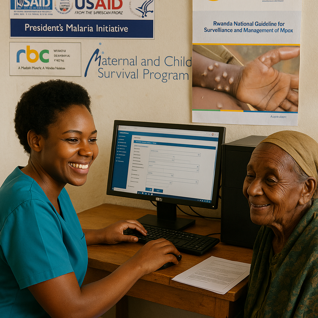 A nurse using Medisoft during a patient consultation at a Rwandan health facility, with RBC and USAID posters on the wall