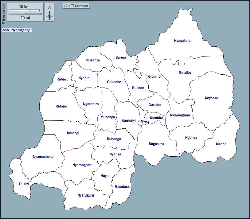 Map of Rwanda showing all 30 districts, with Medisoft hospital coverage marked
